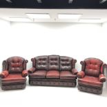 Georgian style three seat sofa upholstered in deep buttoned vintage red leather (W175cm) and pair of