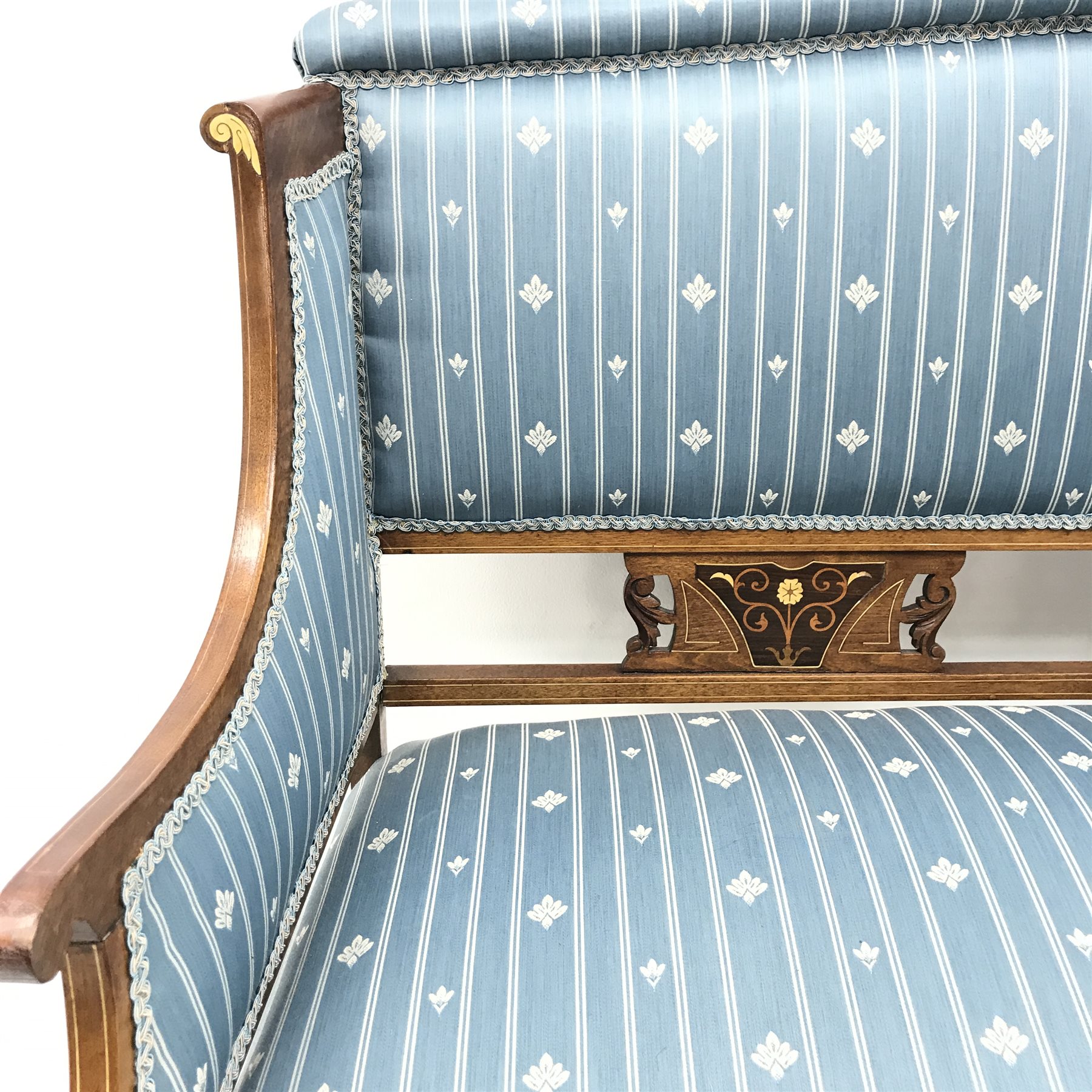 Edwardian inlaid mahogany framed two seat sofa, upholstered in a blue striped fabric, scrolled arms, - Image 2 of 3