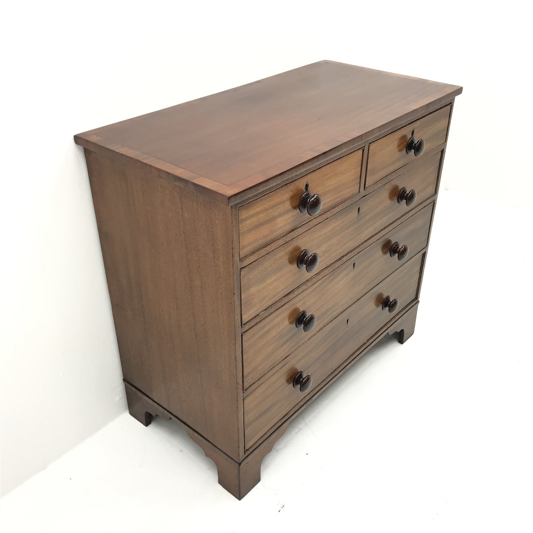 George III mahogany ebony inlaid and cross banded top, two short and three long drawers, turned maho - Image 3 of 3