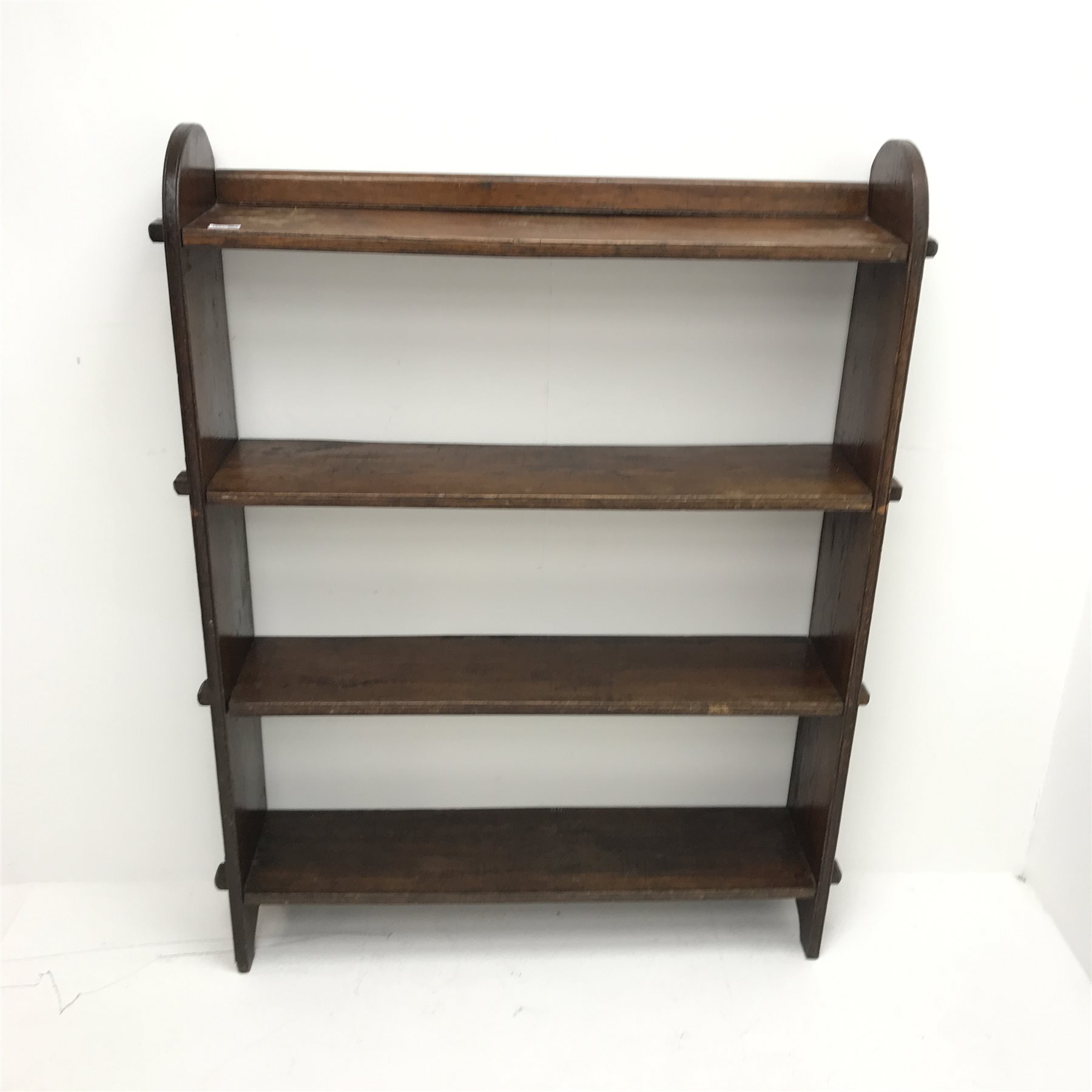 Early 20th century oak open bookcase, four pegged shelves, W104cm, H131cm, D23cm - Image 2 of 3