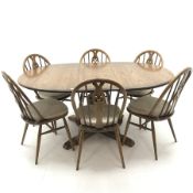 Ercol elm Old Colonial extending pedestal dining table with single leaf (W115cm and 165cm, H73cm, D1