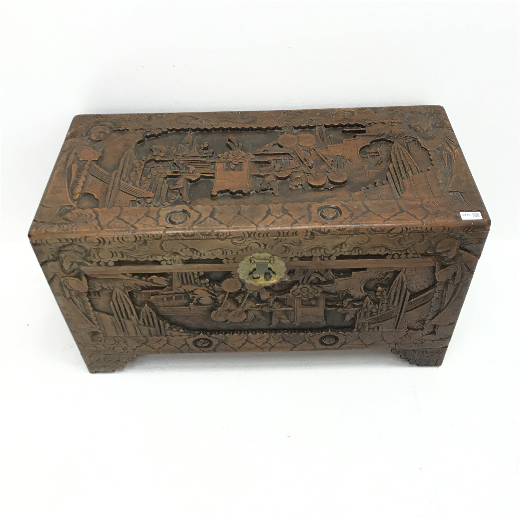 Eastern camphor wood chest, heavily carved depicting figure being carried in a sedan chair, hinged l - Image 2 of 4