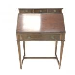 Edwardian mahogany bureau, three trinket drawers above fall front enclosing fitted interior, single