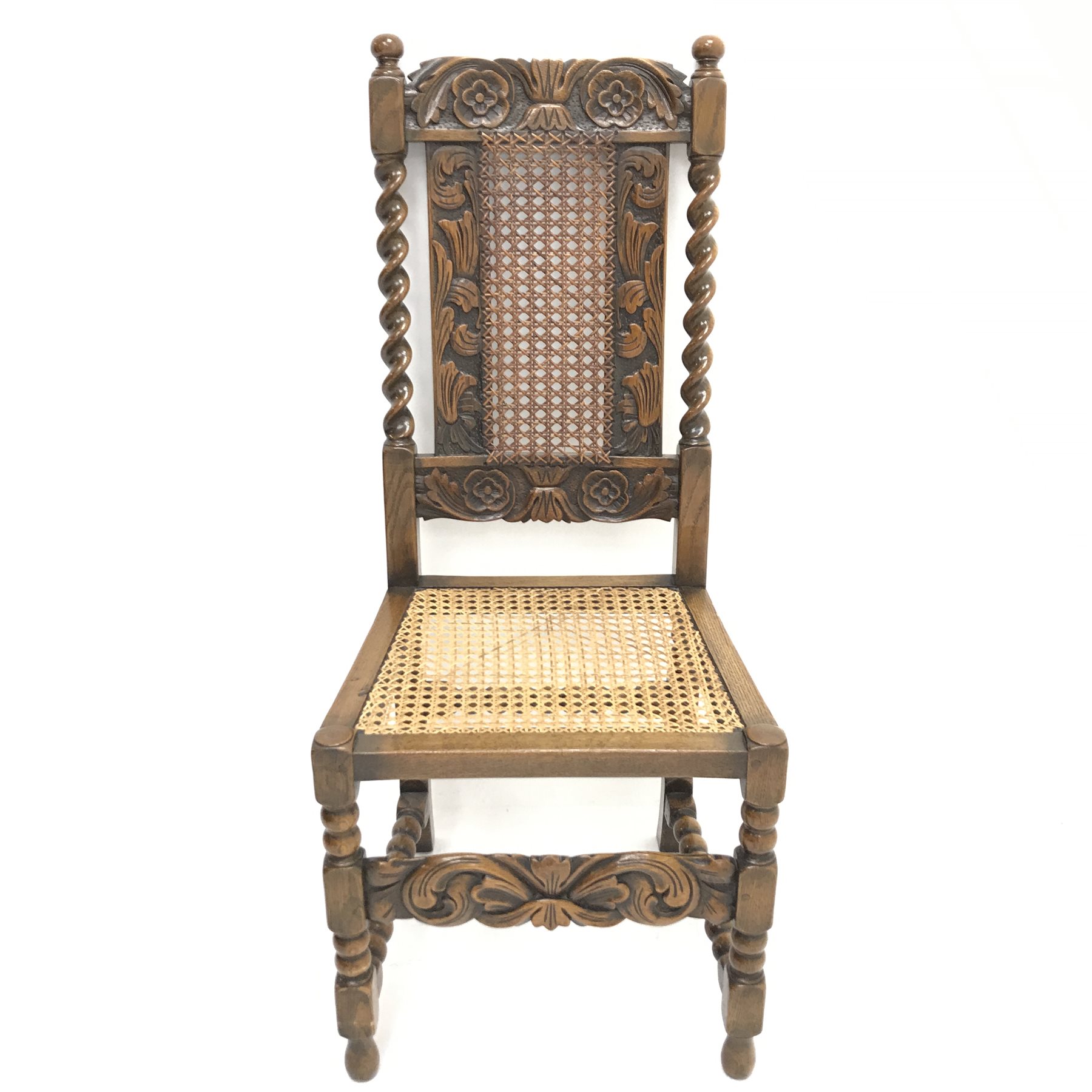 Victorian carved oak hall chair, barley twist sides, cane work back and seat, turned supports with b - Image 2 of 3