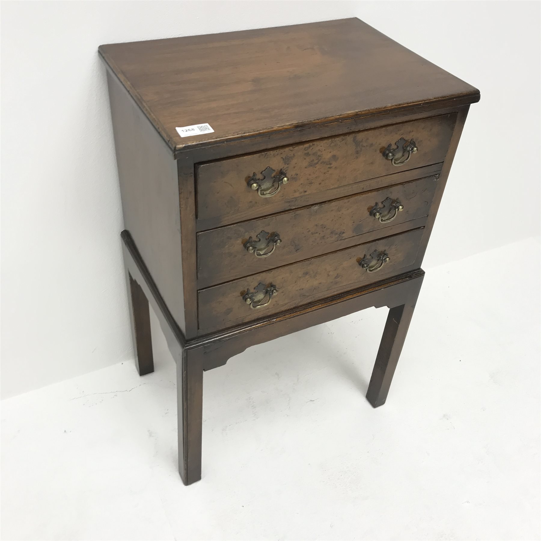 Small early 20th century mahogany chest on stand, three walnut burr veneered drawers, square suppor - Image 3 of 4