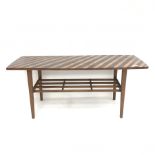 Mid century glass top teak framed coffee table, turned tapering supports brass capped (W125cm, H42cm