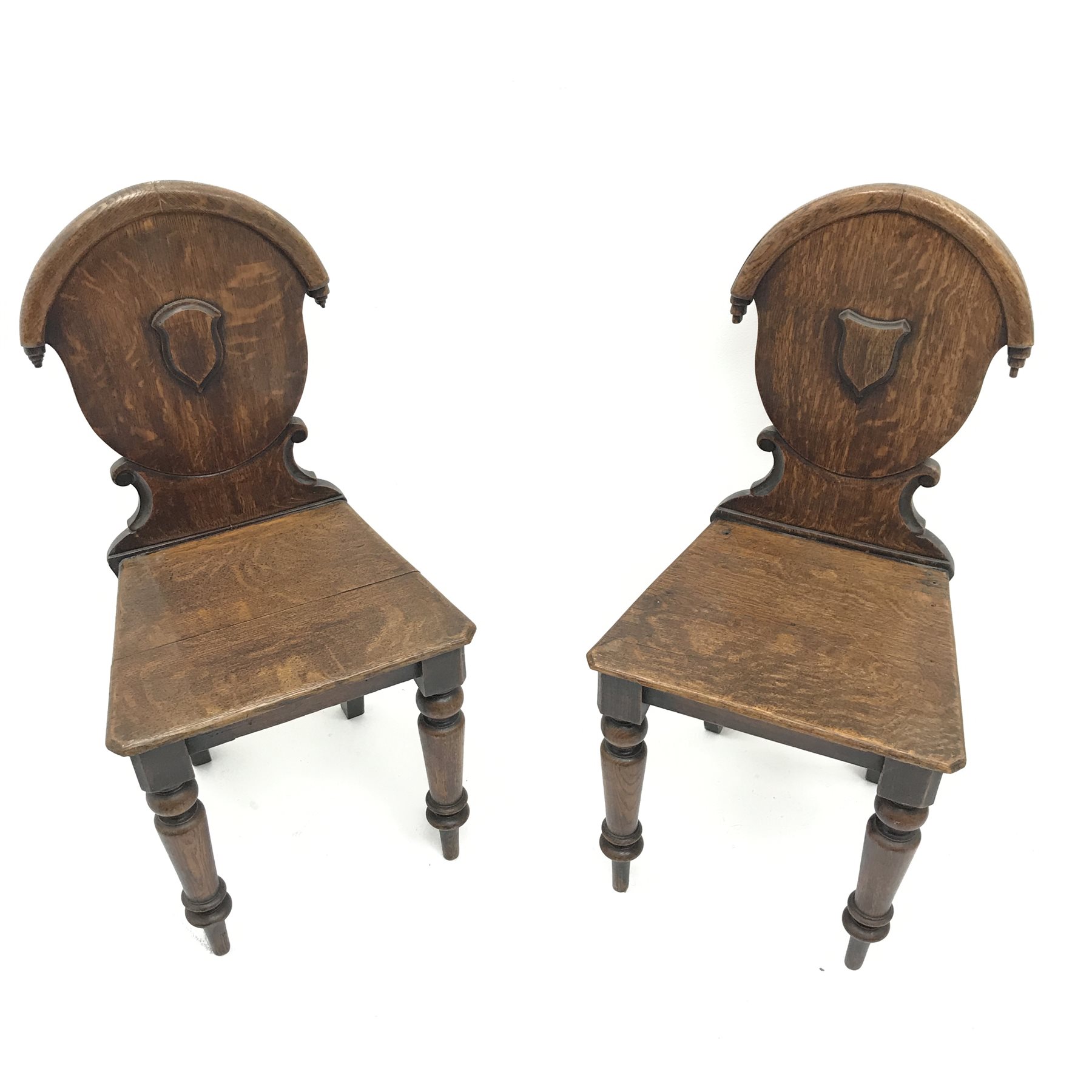 Pair Victorian oak hall chairs, carved back, solid seat, turned supports, W44cm - Image 2 of 2