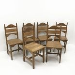 Set six oak shaped ladder back dining chairs, solid seat, square supports, W43cm