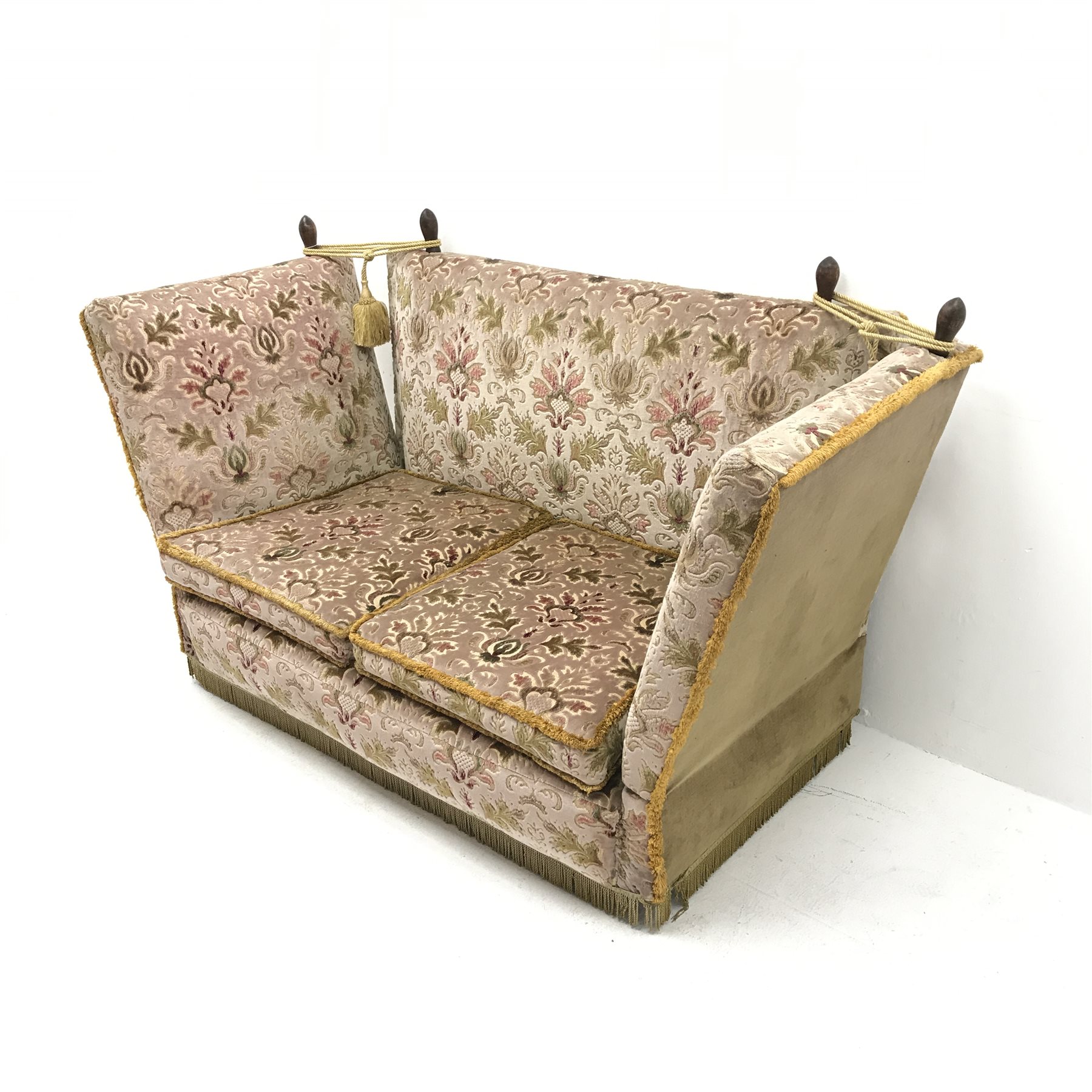 Traditional two seat Knoll style sofa, upholstered in a beige ground fabric, W163cm - Image 3 of 4