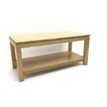 Light oak two tier coffee table, tapering supports, W110cm, H50cm, D51cm