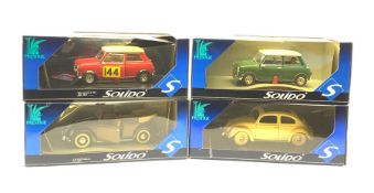 Four Solido Prestige large scale die-cast models comprising V.W. Coccinelle, V.W. Beetle, Mini Coope