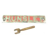 Channel tunnel - engine brass nameplate 'Hunslet', with traces of red paint L43cm; and brass operat