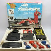 Scalextric - polystyrene box base containing four racing cars with controllers, power pack, lap coun