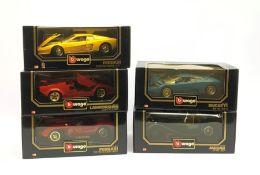 Five Bburago 1:18 scale die-cast models comprising Lamborghini Countach 1988, Bugatti EB110 1991, J