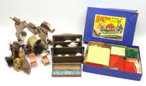 Bayko Building Set No.2, boxed; doll's wooden Welsh dresser with thirteen pieces of white/gilt porce