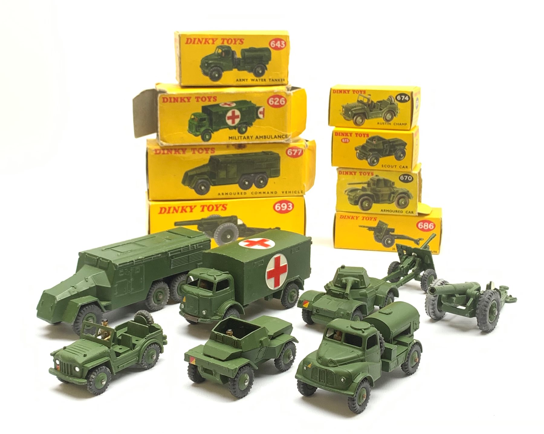 Dinky - eight military vehicles comprising 7.2 Howitzer No.693, Armoured Command Vehicle No.677, Mil