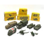 Dinky - seven military vehicles comprising Armoured Command Vehicle No.677, 5.5 Medium Gun No.692, 2