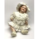 SFBJ 'Laughing Jumeau' bisque head doll with applied hair, sleeping brown eyes, open-closed mouth w