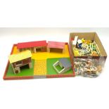 Farmyard layout including large walled wooden base board 61 x 45cm with various wooden buildings and