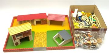 Farmyard layout including large walled wooden base board 61 x 45cm with various wooden buildings and
