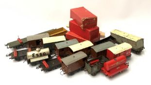 Hornby '0' gauge - No.1 Lumber Wagon, No.1 Cattle Truck and Milk Tank Wagon, all boxed; and sixteen