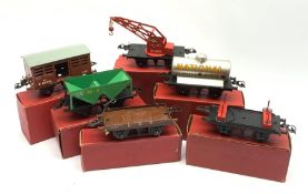 Hornby '0' gauge - six goods wagons comprising Hopper Wagon, Flat truck, No.1 Petrol Tank Wagon 'Nat