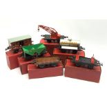 Hornby '0' gauge - six goods wagons comprising Hopper Wagon, Flat truck, No.1 Petrol Tank Wagon 'Nat