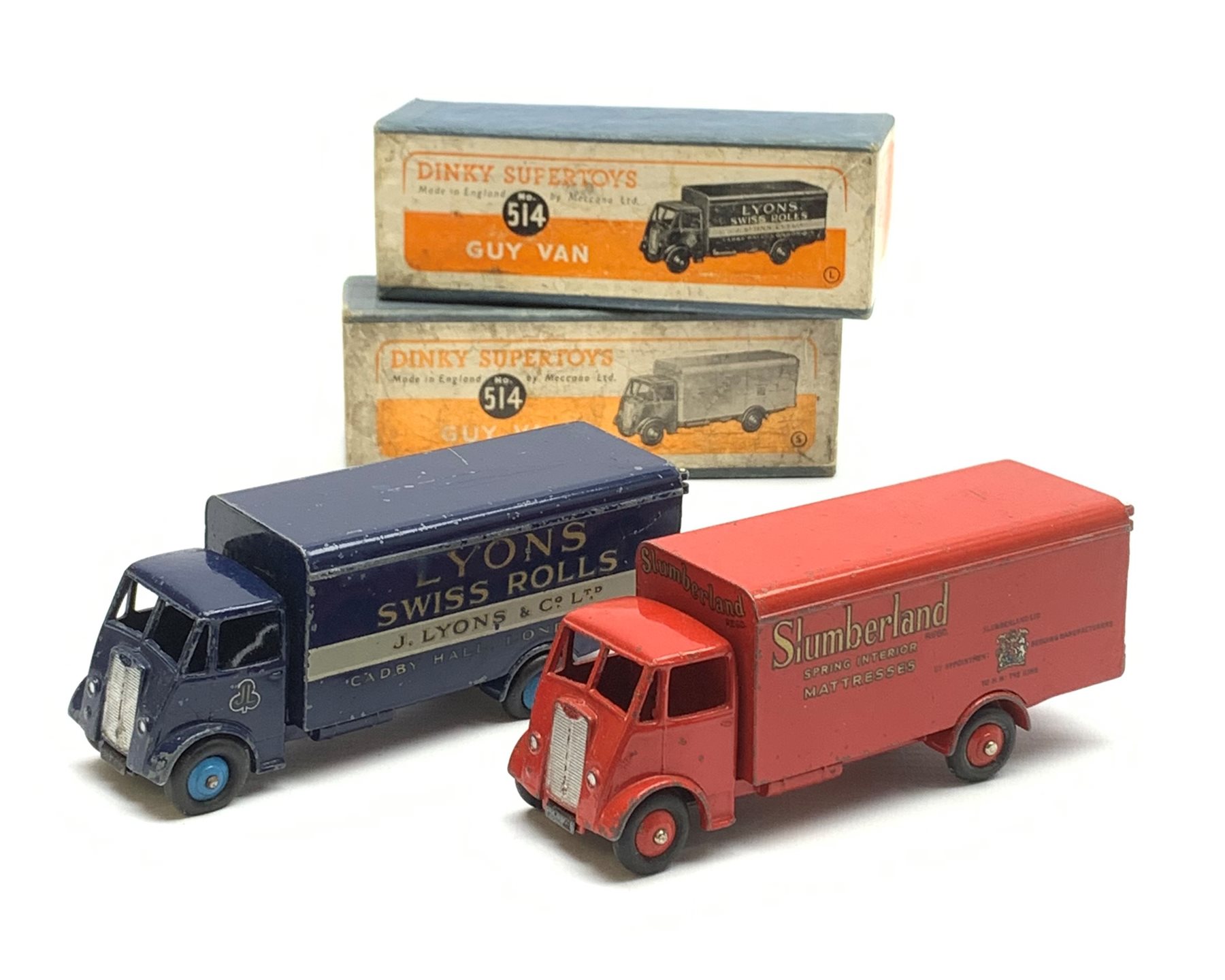 Dinky - two Guy Vans No.514 for Slumberland Mattresses and Lyons Swiss Rolls, both boxed (2)