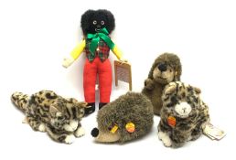 Four modern Steiff soft toys - two Sissi cats and two Joggi hedgehogs, all with button and labels; a