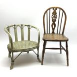 Early 20th century child's/doll's ash, elm and beech wheel-back chair; and blue painted basketwork c