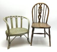 Early 20th century child's/doll's ash, elm and beech wheel-back chair; and blue painted basketwork c