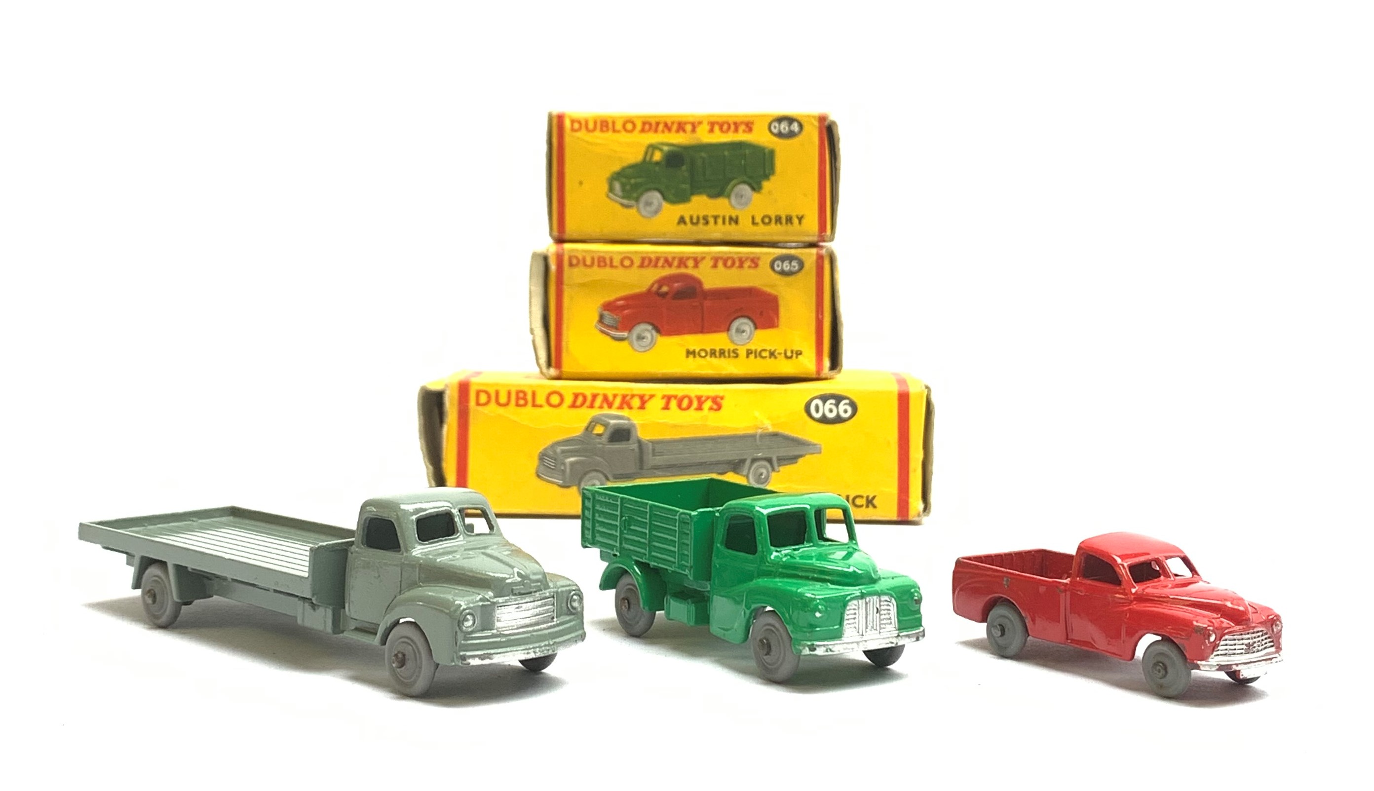 Dublo Dinky - Austin Lorry No.064, Morris Pick-Up No.065 and Bedford Flat Truck No.066, all boxed (3