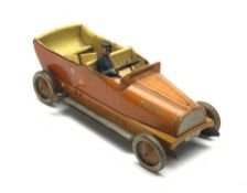 Early 20th century Lehmann clockwork tin-plate open top car with chauffeur, the bonnet inscribed 'Ve