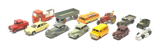 Dinky - nine unboxed and playworn die-cast models including Oldsmobile Sedan No.39B, Massey Harris T