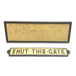 Cast-iron railway sign 'Shut This Gate' L43cm and framed North Eastern Railway Goods Invoice for jo