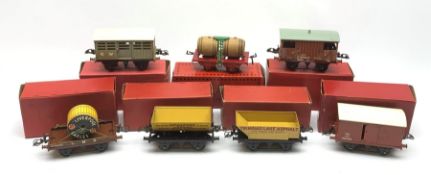 Hornby '0' gauge - six goods wagons comprising No.1 Side Tipping Wagn, Goods Brake Van, Flat Truck w