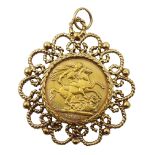 1915 gold full sovereign, loose mounted in gold openwork pendant, stamped 9.375, approx 13.87gm