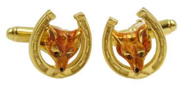Pair of silver-gilt enamel foxes head cufflinks, hallmarked