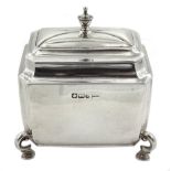 Victorian silver tea caddy, hinged lid on four hoof feet by Walker & Hall, Sheffield 1900, H8.5cm, a