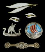 Norwegian silver and enamel Viking ship boat by Andresen & Scheinpflug, silver-gilt leaf brooch by N