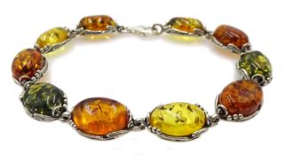 Silver multi coloured Baltic amber link bracelet, stamped 925