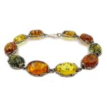 Silver multi coloured Baltic amber link bracelet, stamped 925