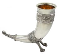 Silver commemorative Saxon drinking horn, the cornucopia inscribed in Celtic text with '1000 Years O