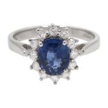 18ct white gold sapphire and diamond cluster ring, hallmarked, sapphire approx 1.20 carat