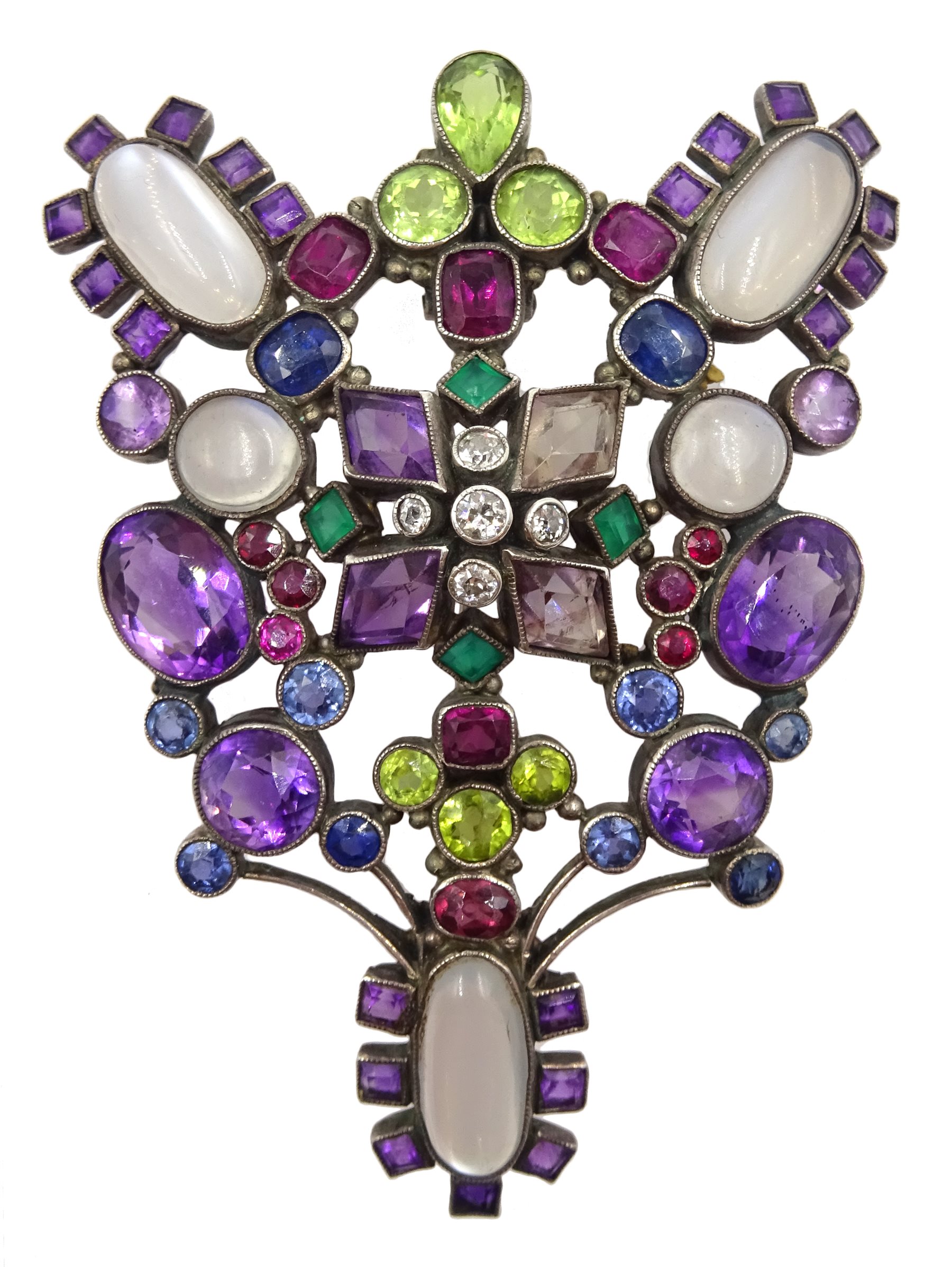 Early 20th century Arts & Crafts silver brooch, milgrain set with gemstones including diamonds, sapp