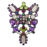 Early 20th century Arts & Crafts silver brooch, milgrain set with gemstones including diamonds, sapp