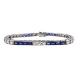 18ct white gold sapphire and round brilliant cut diamond, channel set line bracelet, boxed