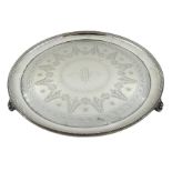 Victorian silver salver, engraved swag and foliate decoration, on three scroll feet by Elkington & C