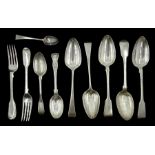 George III and later flatware including three Fiddle pattern table spoons and two similar forks, app