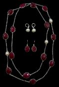 Faceted ruby and pearl necklace and two pairs of similar earrings, one pair stamped 925